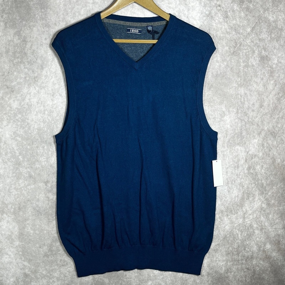 IZOD Fieldhouse‎ Sweater Vest Mens Medium Estate Blue Knit V-Neck Preppy NEW